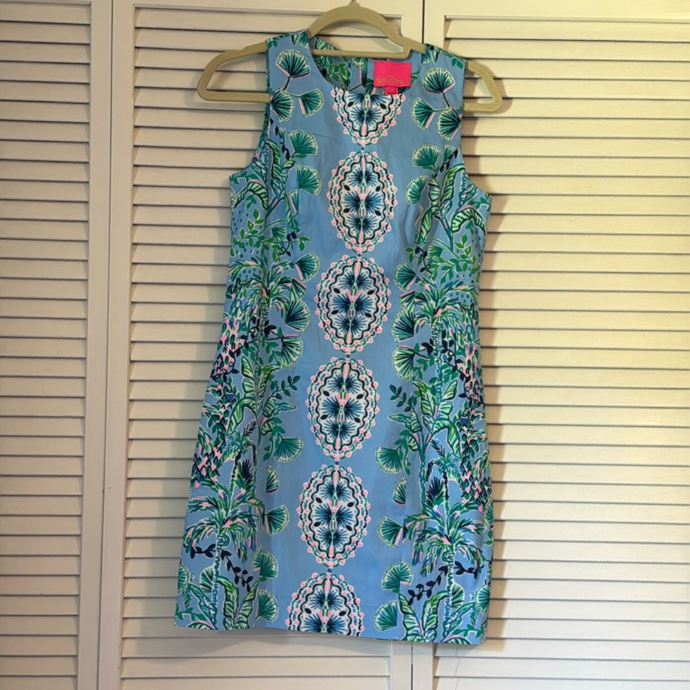 Lilly Pulitzer blue, green, pink, white and black shift dress size 2.